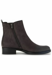 Bota de cuero negro hasta el tobillo con cremallera lateral, punta redondeada, tacón bajo tipo block, acabado suave y sin adornos o patrones visibles.