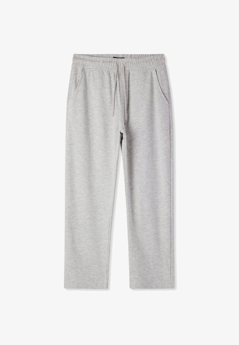 Pantaloni della tuta grigio chiaro in tessuto morbido con vita elastica, coulisse regolabile e tasche laterali. Design semplice a gamba dritta.