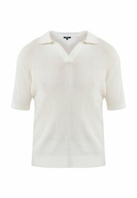 Polo a maniche corte di colore crema in maglia con scollo a V, caratterizzato da un motivo a rete testurizzata e colletto ribattuto.