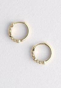 Een paar kleine gouden hoopoehrs in een witte achtergrond, met afwisselend gladde bollen en geschulpte texturen.