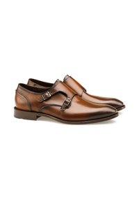 Brown leather dress shoes with two adjustable buckles, pointed toe, and low heel. Smooth texture with subtle stitching details.