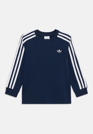 Mørkeblå Adidas langærmet trøje med hvide tre-striber på ærmerne og lille trekløver-logo på venstre bryst.