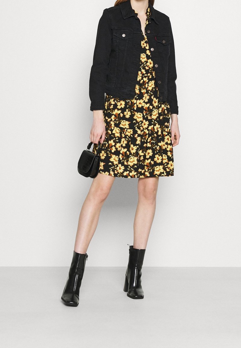 black floral dress with denim jacket What I Wore