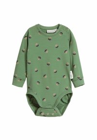 Grön långärmad bodysuit i mjuk bomull, med ett mönster av tecknade ansikten i olika färger. Tryckknappar i botten.