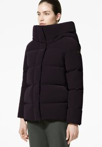 Giacca a vento in viola scuro, con colletto alto, design trapuntato e texture liscia. Stile minimalista con una chiusura semplice.