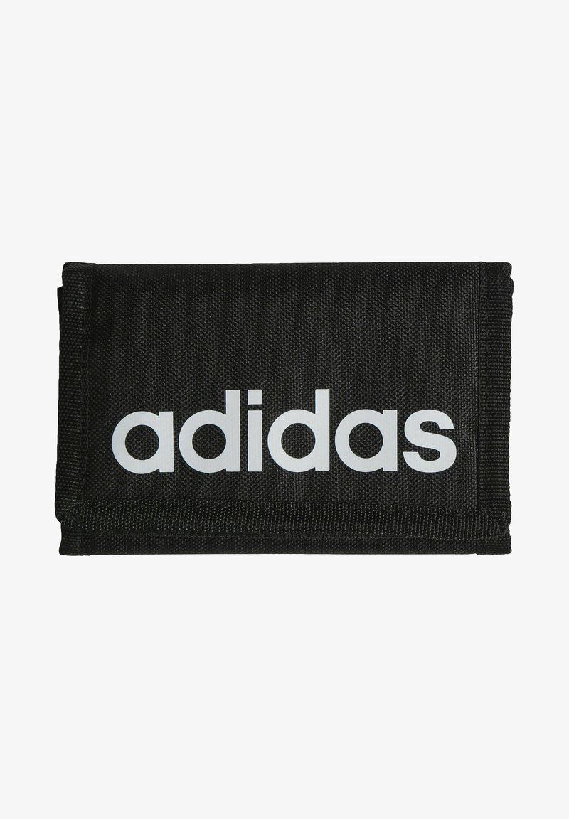 Black fabric wallet with a textured surface, featuring a prominent white "adidas" logo on the front. Folded design with stitched edges.