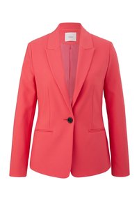 Korálový blazer vyrobený z hladké tkaniny, s klopovým límcem, jedním černým knoflíkem a dvěma předními kapsami s jemnými švy.