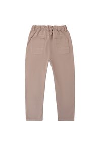 Pantaloni beige chiaro con una cintura elastica, due tasche posteriori e un tessuto liscio e strutturato. Design con gamba affusolata.
