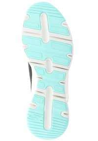 Schuhsohle mit weißer Basis und hellblauen Akzenten, strukturierter Oberfläche und Flex-Rillen für bessere Haftung und Flexibilität.