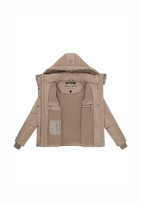 Beige gesteppte Jacke mit Kapuze, ausgestattet mit einem Reißverschluss und Druckknopfverschluss, kontrastierendem Innenfutter, mehreren Taschen und Pflegeetikett-Details.
