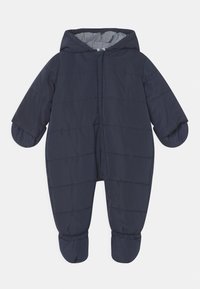 Donkerblauwe gewatteerde sneeuwpak met capuchon, voorzien van een gestreepte binnenvoering, elastische manchetten en voetbedekkingen. Verticale naaddetails overal.