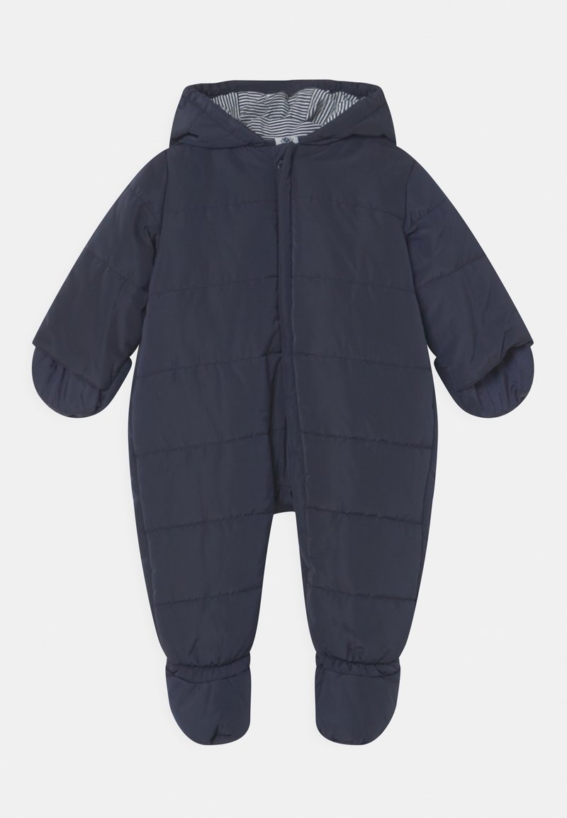 Donkerblauwe gewatteerde sneeuwpak met capuchon, voorzien van een gestreepte binnenvoering, elastische manchetten en voetbedekkingen. Verticale naaddetails overal.