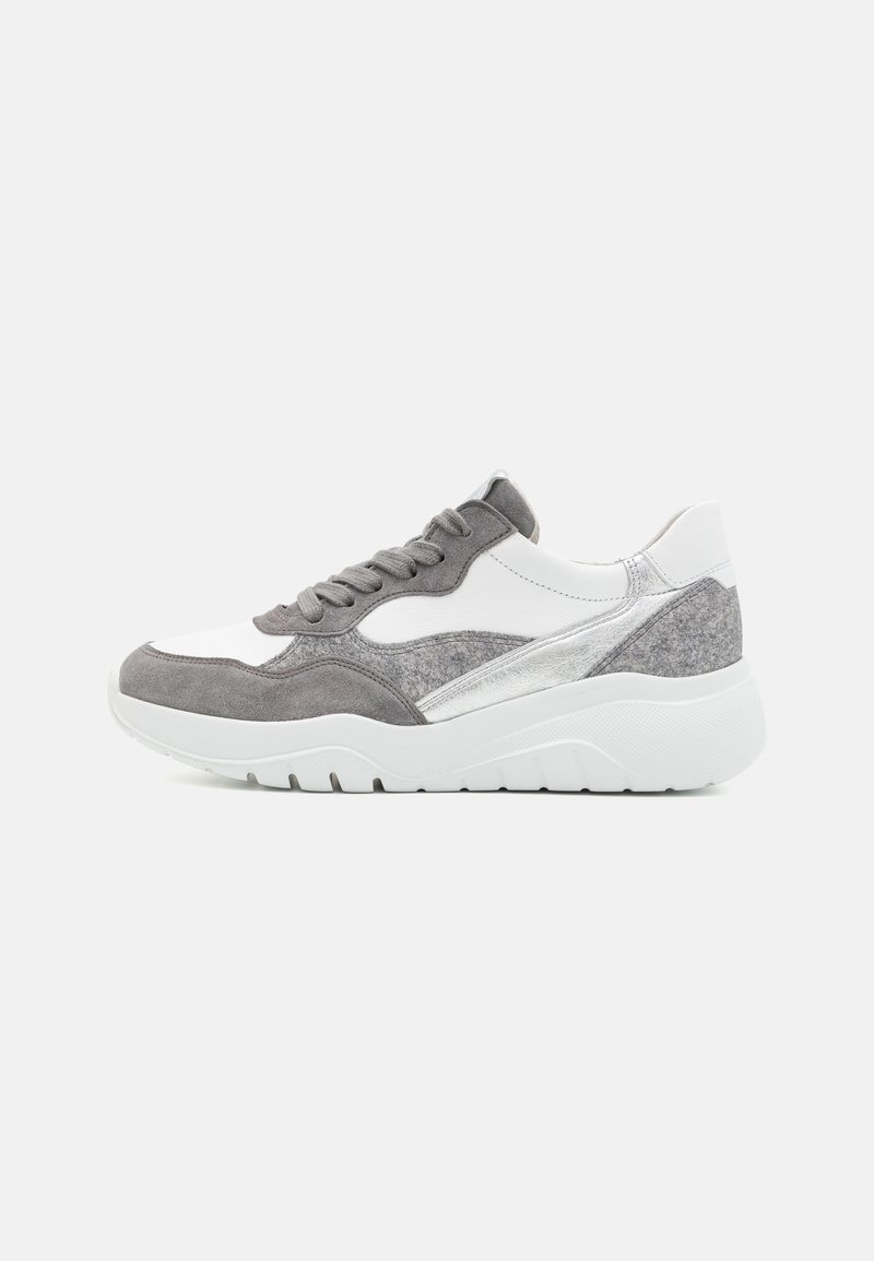 Gray and white sneaker with a combination of suede and textile materials, featuring a thick white sole and metallic accents on the side.
