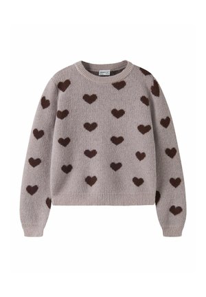 Pull tricoté violet clair à manches longues avec des motifs de cœurs marron foncé répartis uniformément sur le devant et les manches.