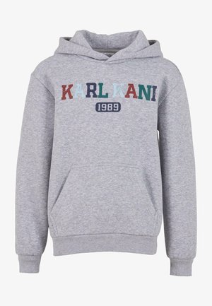 Siva majica s kapuco iz bombažnega mešanega blaga, z žepom spredaj, kapuco z vrvico in pisanim potiskom: "KARL KANI 1989" v različnih barvah besedila.