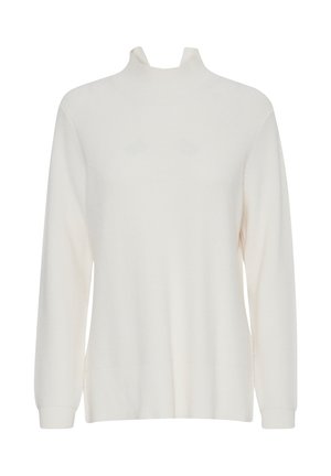 Balts ribots džemperis ar augstu apkakli, garām piedurknēm un brīvu piegriezumu. Tekstūrā ir vizuāla pievilcība bez rakstiem.