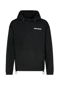 Schwarzer Fleece-Hoodie mit einer Kängurutasche, Kapuze mit Zugband und dem Wort "WORLDWIDE" in heller Farbe auf der Brust bedruckt.