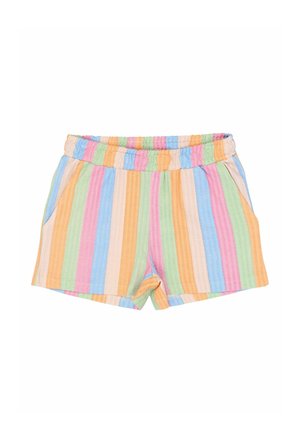 Szorty z elastycznym pasem, z pionowymi pastelowymi paskami w kolorach niebieskim, różowym, zielonym, pomarańczowym i kremowym, z bocznymi kieszeniami i lekkim materiałem.