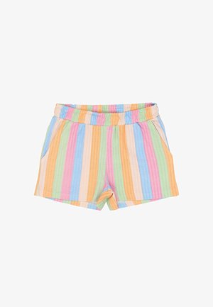 Szorty z elastycznym pasem, z pionowymi pastelowymi paskami w kolorach niebieskim, różowym, zielonym, pomarańczowym i kremowym, z bocznymi kieszeniami i lekkim materiałem.