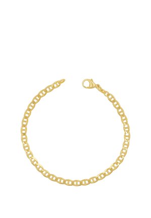 Goldenes Kettenarmband mit ovalen Gliedern und einem Karabinerverschluss auf weißem Hintergrund.