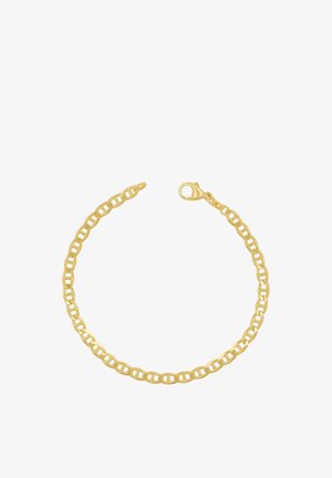Goldenes Kettenarmband mit ovalen Gliedern und einem Karabinerverschluss auf weißem Hintergrund.