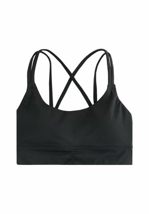 Crna sportska bralette izrađena od glatkog, rastezljivog materijala. Ima prepletene podesive naramenice i naglasak s naborima na dnu.