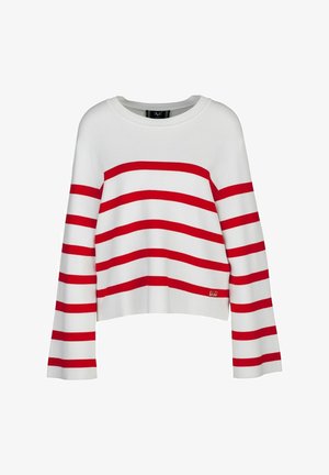 Biały dzianinowy sweter z długim rękawem z poziomymi czerwonymi paskami na ciele i rękawach, okrągłym dekoltem i małym logo w pobliżu dolnego brzegu.