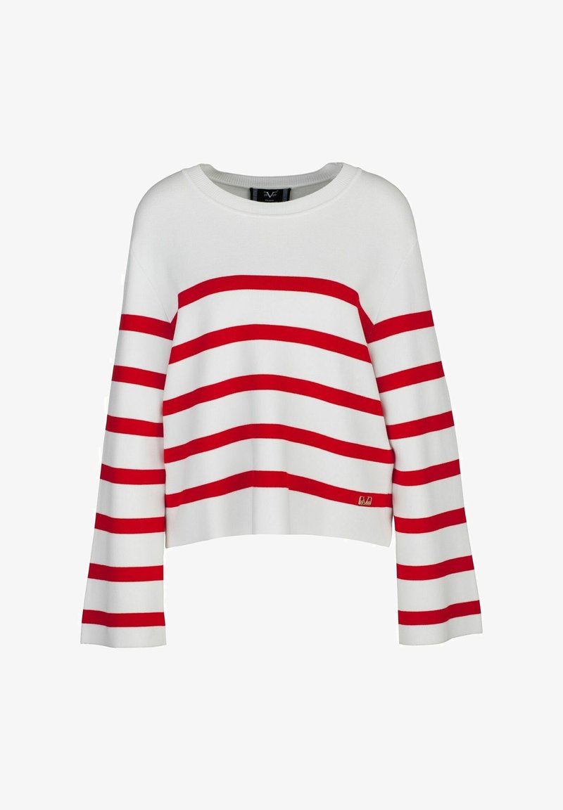 Pull en maille blanc à manches longues avec des rayures rouges horizontales sur le corps et les manches, encolure ronde et petit logo près de l'ourlet.