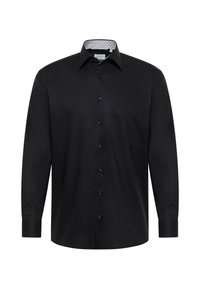 Zwarte lange mouwen shirt van gladde stof, met een knoopsluiting aan de voorkant, een borstzak en een patroon aan de binnenkant van de kraag.