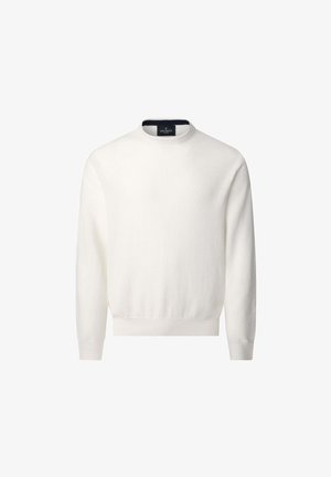 Suéter blanco de cuello redondo con mangas largas, puños y dobladillo acanalados, y una pequeña etiqueta negra en el interior del cuello.