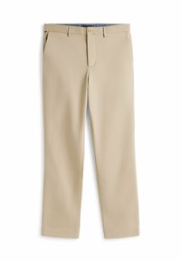 Pantaloni beige a gamba dritta con passanti per cintura, chiusura frontale con bottoni e tasche laterali, mostrati distesi su uno sfondo bianco.