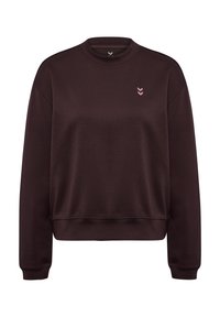 Donkerbruine sweatshirt met een ronde hals, ribgebreide manchetten en zoom. Bevat een klein roze embleem op de borst. Zachte, gestructureerde stof.