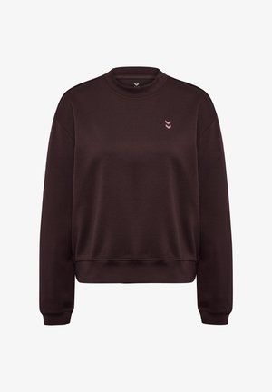 Dunkelbrauner Sweatshirt mit Rundhalsausschnitt, gerippten Bündchen und Saum. Auf der Brust befindet sich ein kleines pinkes Emblem. Weicher, strukturierter Stoff.