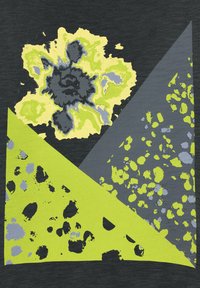 Grafisch ontwerp met een donkere achtergrond en gedurfde, abstracte vormen. Kleuren omvatten levendig geel, grijs en zwart in verschillende patronen en texturen.