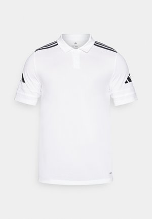 Polo bianco realizzato in tessuto leggero, con strisce nere sulle spalle e un colletto con due bottoni. Maniche corte con polsini.