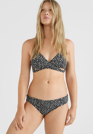 Zwart bikini-set met een stippenpatroon, voorzien van een driehoekig topje en uitsnijdingen, gemaakt van rekbare stof voor comfort.
