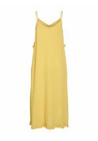 Robe midi jaune sans manches avec fines bretelles réglables, liens latéraux et détail d'ourlet en dentelle festonné.