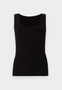 Zwarte mouwloze top met een vierkante halslijn, getailleerd ontwerp en glad, rekbaar materiaal. Geen zichtbare patronen of versieringen.
