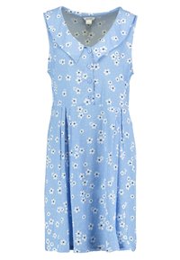 Niebieska sukienka w kwiaty z kołnierzykiem, z przodem na guziki i plisowanym dołem. Wykonana z lekkiej tkaniny w rozproszone kropki.