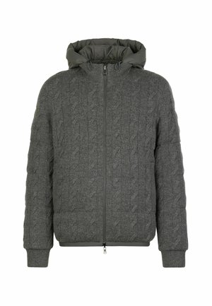 Veste zippée en tricot gris avec des poignets côtelés et une capuche rembourrée à cordons, vue de face sur fond blanc.