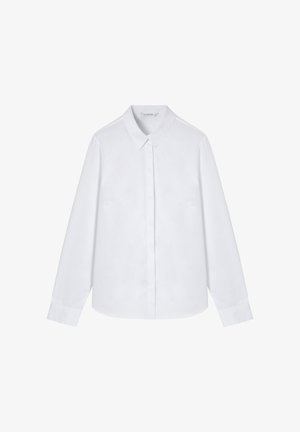 Camicia bianca a maniche lunghe con colletto a punta e bottoni frontali nascosti, mostrata appiattita su uno sfondo bianco.