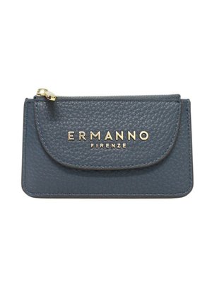 Portafoglio in pelle testurizzata grigio scuro con cerniera dorata e logo "ERMANNO FIRENZE" in lettere dorate sulla patta frontale.