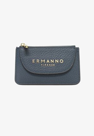 Portafoglio in pelle testurizzata grigio scuro con cerniera dorata e logo "ERMANNO FIRENZE" in lettere dorate sulla patta frontale.