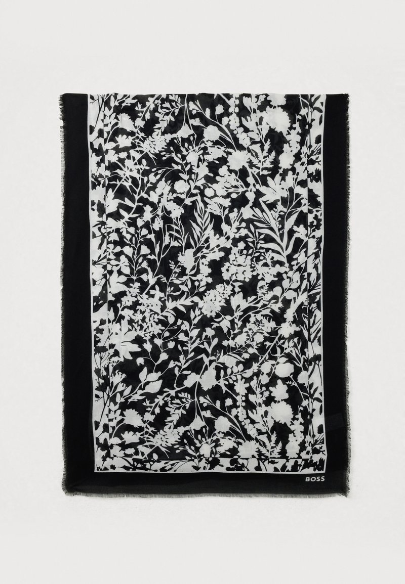 Zwart-witte sjaal met een dicht bloemenpatroon en een effen zwarte rand, met in de onderste hoek een klein "BOSS"-logo.