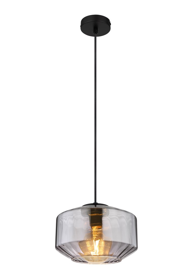 Deckenpendelleuchte mit einer schwarzen Metallhalterung und langem Kabel. Sie verfügt über einen durchscheinenden grauen Glasschirm und eine sichtbare Glühbirne im Inneren.