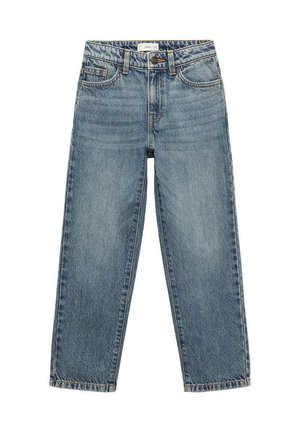 Jeans in denim azzurro chiaro con design a gamba dritta, stile a cinque tasche, lieve sbiadimento e chiusura a bottoni in vita.