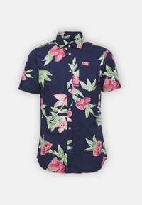 Short-sleeve button-up shirt in navy with large pink floral and green leaf patterns, and a small chest pocket. Cotton material.