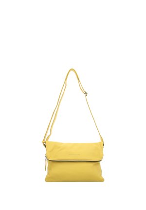 Gelbe Leder-Umhängetasche mit verstellbarem Riemen und Reißverschluss an der Vorderklappe.