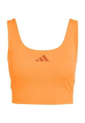 Crop top arancione con spalline larghe e piccolo logo centrale sul davanti.