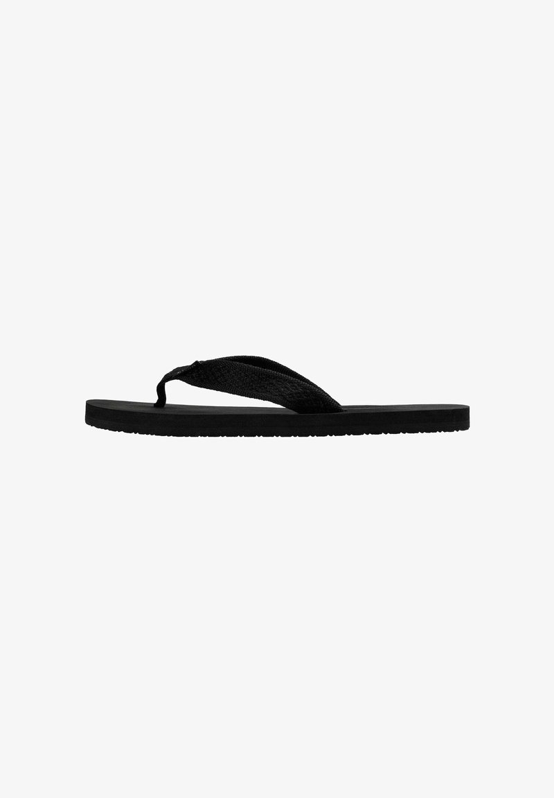 Infradito neri con suola in gomma e cinturino in tessuto. Design piatto, leggero, con superficie testurizzata sulla suola per una migliore aderenza. Stile minimalista.